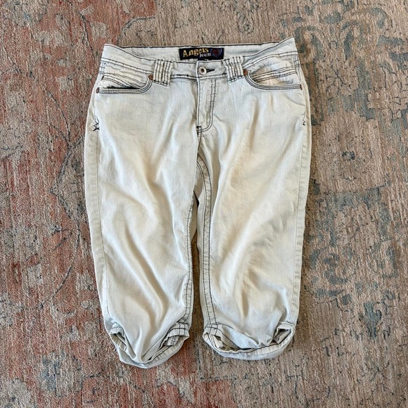 Angels Jeans Pants - Angels Jeans Womens Size 13 Cream Low Rise Capri Denim Black Contrast Stitch Y2K